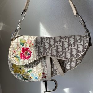 Christian Dior Flower Embroidery Saddle Hand Bag